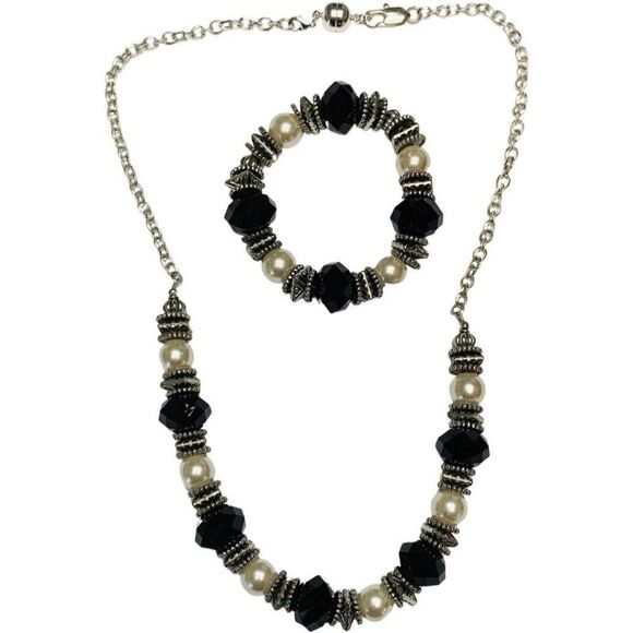 Vintage Elegant White Faux Pearl Black Sparkly Crystal Necklace Bracelet Set - Picture 6 of 7